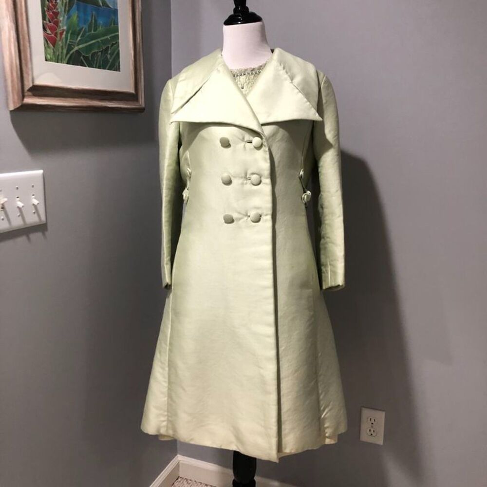 Vtg Jean Lutece 2 Piece 1960s Pale Green Beaded Dress & Matching Coat Sz 14